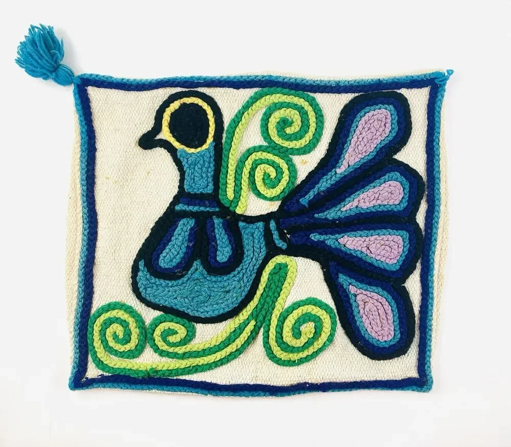 Vintage Yarn Painting Pillow Cover Folk Art Bird Embroidery Crewel Boho Ethnic